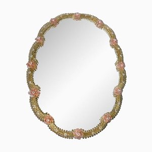Venetian Oval Gold and Pink Floreal Hand-Carving Mirror by Simoeng