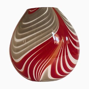 Abstarct Vase in Milky-White Murano Style Glass with Red and Beige Reeds by Simoeng