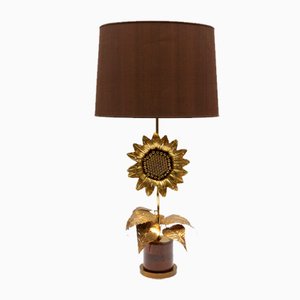 Lampe de Bureau Mid-Century Moderne Tournesol en Laiton et Bois, 1970s