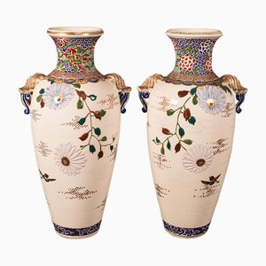 Jarrones Satsuma altos japoneses vintage de cerámica, años 40. Juego de 2