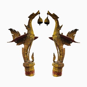 Sculture di drago in metallo dorato con campana, set di 2