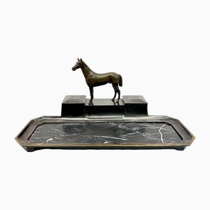 French Bronze & Marble Horse Desk Set with Inkwells, 1900s