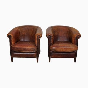 Poltrone vintage in pelle color cognac, Paesi Bassi, set di 2