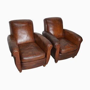 Vintage French Cognac Leather Club Chairs, Set of 2