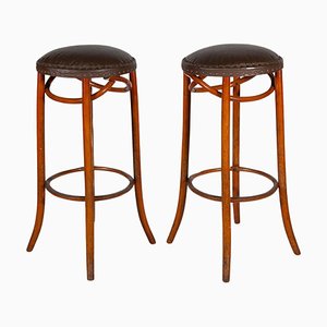 Bentwood Cafe Bar Stools with Padded Leather Seats from Thonet, 1969, Set of 2