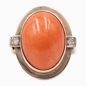 Anillo vintage de oro amarillo de 8 k con coral cabujón y diamantes, años 70