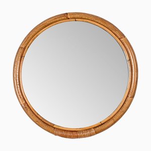 Mid-Century Italian Round Mirror with Double Bamboo and Woven Wicker Frame, 1970s