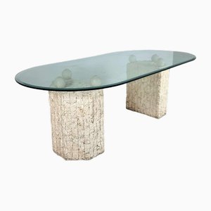Natural Mactan Stone Dining Table with Glass Top, 1980s
