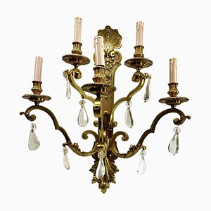 Large 5-Light Wall Lamp in Bronze with Crystal Decoration, 1910