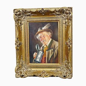 J. Gruber, Retrato de un hombre folclórico bávaro con jarra de cerveza, óleo sobre madera, años 50, enmarcado