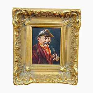Inge Woelfle, Portrait of a Bavarian Folksy Man with Pipe, Oil on Wood, Framed