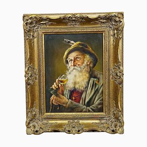 J. Gruber, Portrait of a Bavarian Folksy Man with Wine Glass, Huile sur Bois, Encadré