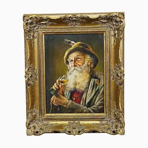J. Gruber, Ritratto di un uomo folkloristico bavarese con bicchiere di vino, Olio su legno, con cornice