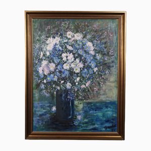 Bodegón de jarrón con flores azules y blancas, pintura al óleo, enmarcado
