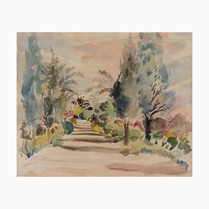 Bernadette Sers, Avenue of Cypresses, 20th Century, Watercolor on Paper, Framed