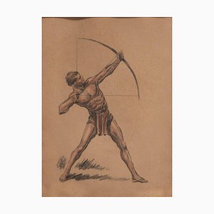 Archer, 1930s, Charcoal & Sanguine Drawing, Framed