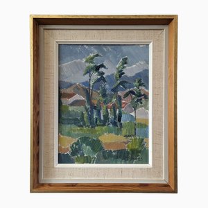 Trees by the Valley, 1950s, Oil on Board, Framed