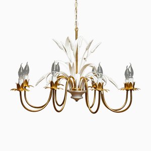 Large Italian White Lacquered and Gilt Wheat Sheaf and Flower Chandelier, 1970s