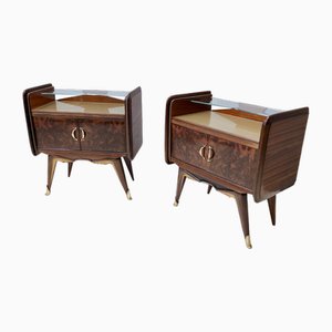 Vintage Walnut Nightstands with Golden Back-Painted Glass Top, Italy, 1950s, Set of 2