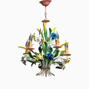 Bright Boho Chic Italian Tole Painted Metal Chandelier with Floral Decor, 1960s