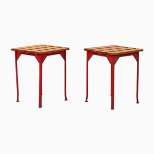 Red and Wood Metal Stools, 1960s, Set of 2