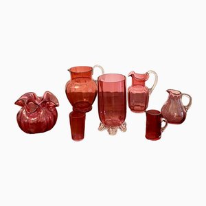 Antique Victorian Cranberry Glass Items, 1880, Set of 7