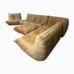Juego de sofá Togo de cuero camel de Michel Ducaroy para Ligne Roset. Juego de 5