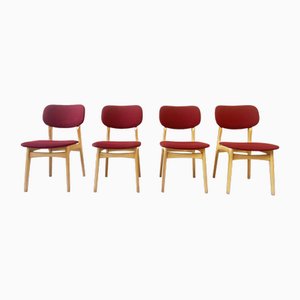 Vintage Danish Dining Chairs in Beech and Dark Red, 1960s, Set of 4