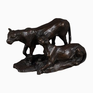 Bronze Two Lost Wax Lionesses Sculpture by Fratin Representing