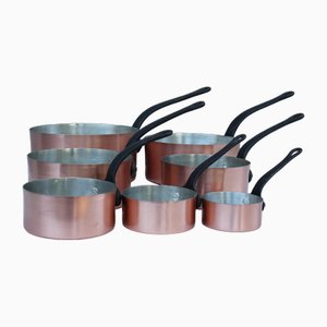 Vintage Copper Pans with Metal Handles, Set of 7