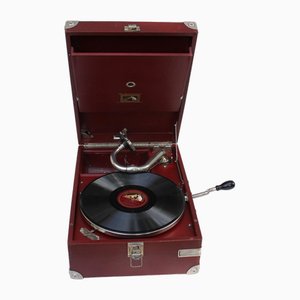 Roter tragbarer HMV 101 Plattenspieler mit Kurbel, Großbritannien