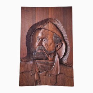 Carved Oak Wall Hanging Piece of Man with Pipe