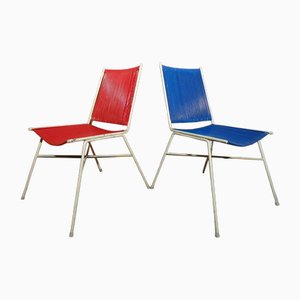 Chaises en Fil de Fer Rouge et Bleu, France, 1960s, Set de 2