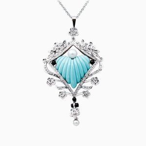 18 Karat White Gold and Platinum Necklace with Diamonds and Turquoise