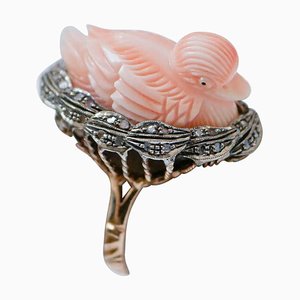 Rose Gold and Silver Ring with Coral and Diamonds
