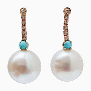 14 Karat Rose Gold Tennis Earrings with White Pearls and Diamonds, Set of 2