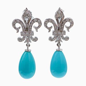 14 Karat White Gold Dangle Earrings with Turquoise and Diamonds, Set of 2