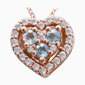 Collana con ciondolo a forma di cuore in oro rosa 18 carati, acquamarina e diamanti