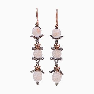 Rose Gold and Silver Earrings with Corals and Diamonds, Set of 2
