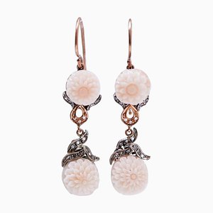 Rose Gold and Silver Earrings with Pink Corals and Diamonds, Set of 2