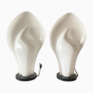 Italian Flower Design White Acrylic Glass Table Lamps, Italy, 1970s, Set of 2