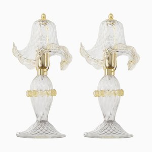 Transparent Murano Glass Table Lamps with Artistic Golden Artistic Decorations, Italy, Set of 2