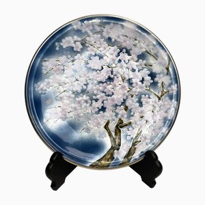 Large Cherry Blossom Decoration Plate in Enamel in Gin Bari and Moriage Technique by Tatanka, Japan, 1960s