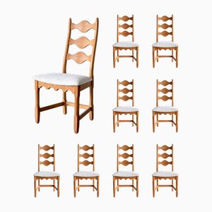 Danish Dining Chairs in Oak and Ivory Bouclé by Henning Kjærnulf, 1960s, Set of 9