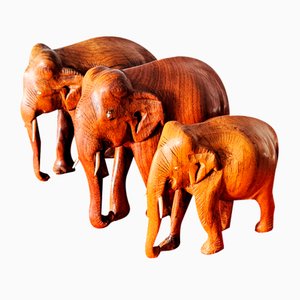Hand-Carved Wooden Elephants, 1960s, Set of 3