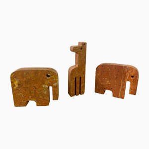 Red Travertine Elephant Bookends and a Giraffe, 1970s, Set of 3