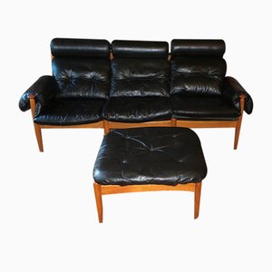Black Leather Three-Seater Sofa with Ottoman by Eric Merthen, 1960s, Set of 2