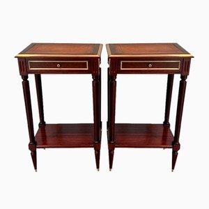 Mahogany and Brass Nightstands with Leather Trays in the Style of Maison Jansen, 1940s, Set of 2