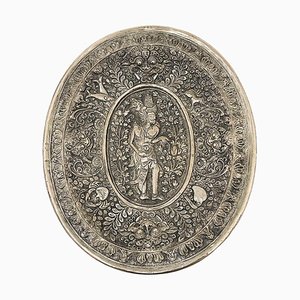 Balinese Yogya Silver Oval Dish with Scene of Indonesian God and Animals, 1890s