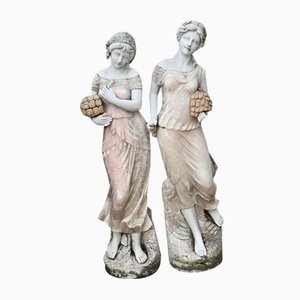 Classical Italian Marble Maiden Two Seasons Statues, Set of 2